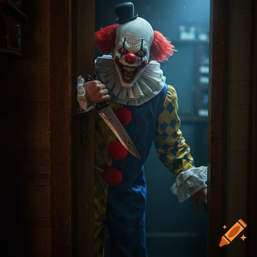 A scary clown in a colorful costume peers through a doorway, holding a bloody knife.