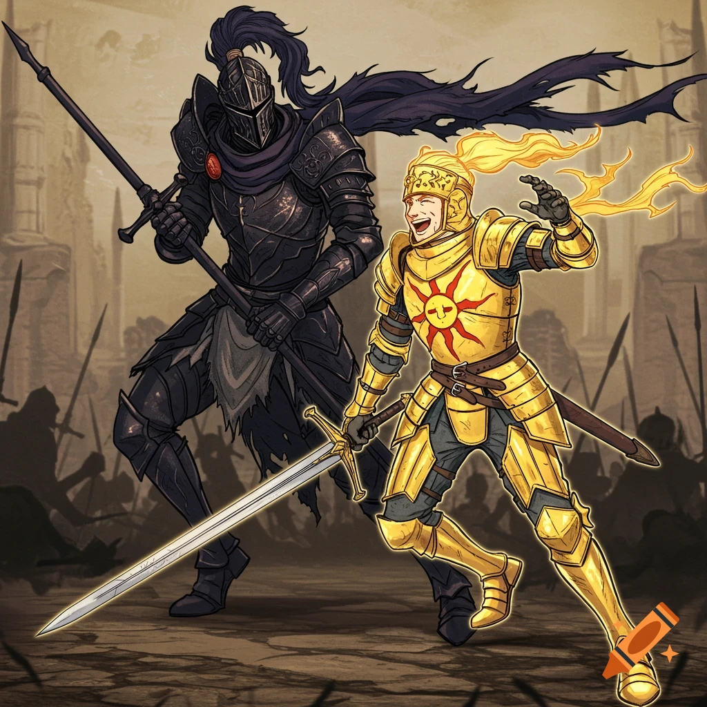 Two knights in fantasy armor, one black, one gold with a sun emblem, pose in battle.