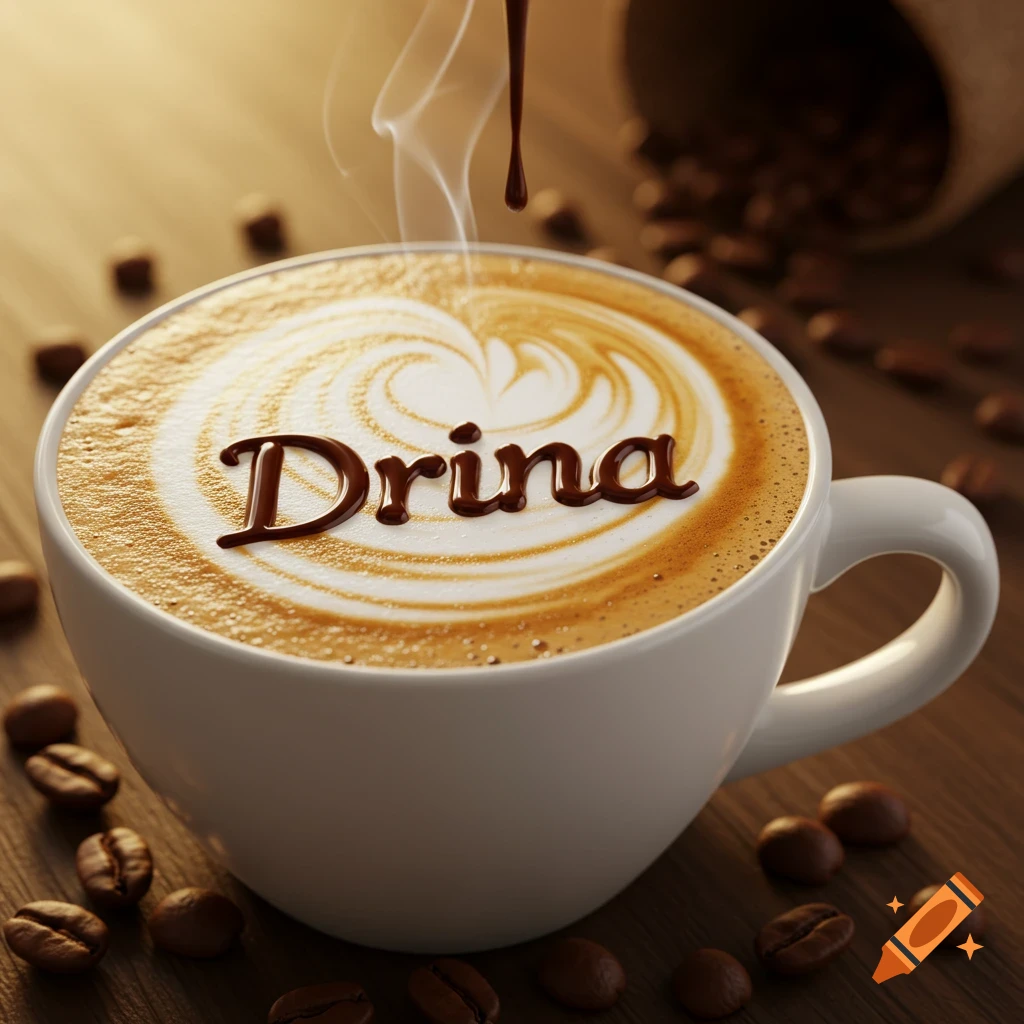 Close-up of a cup of coffee with latte art and the name Drina written in chocolate syrup on top, with coffee beans scattered around.
