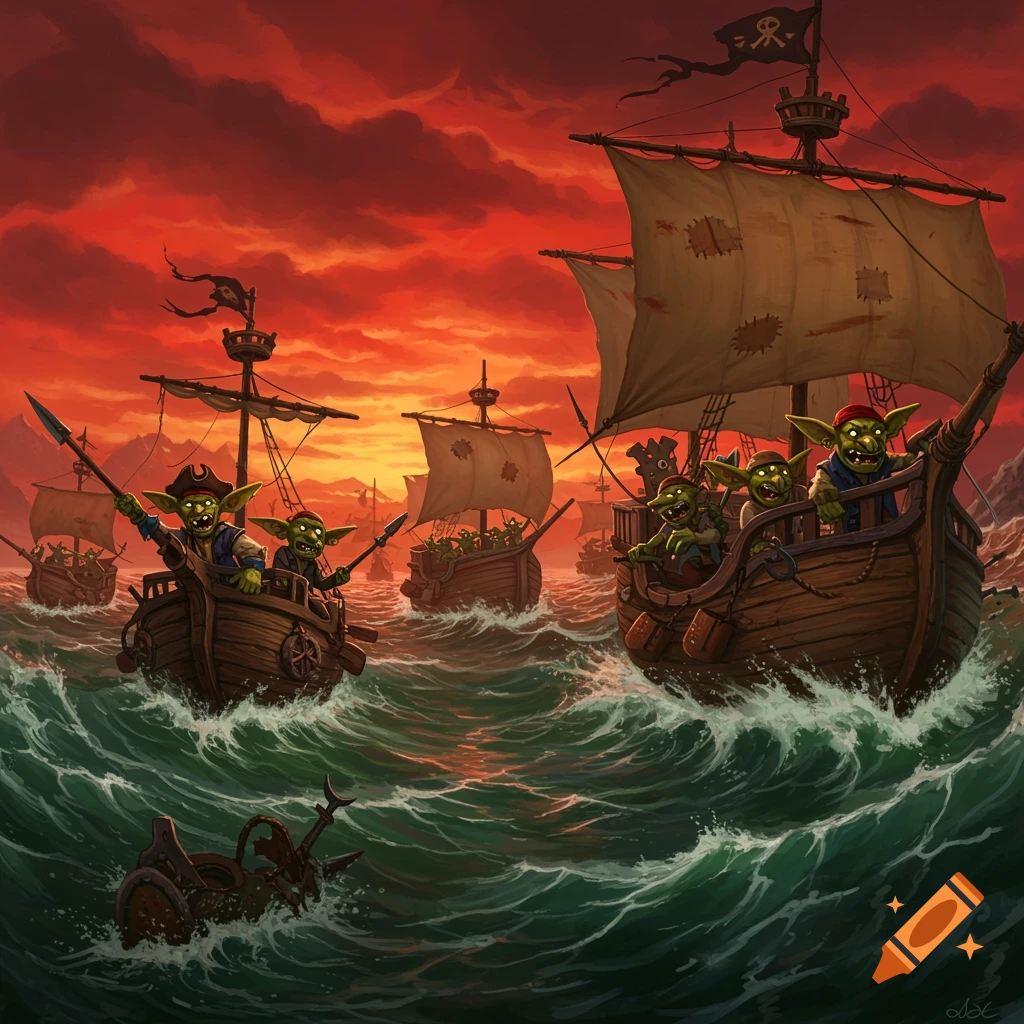 Goblin pirates sailing rickety ships on a stormy sea under a red sky.