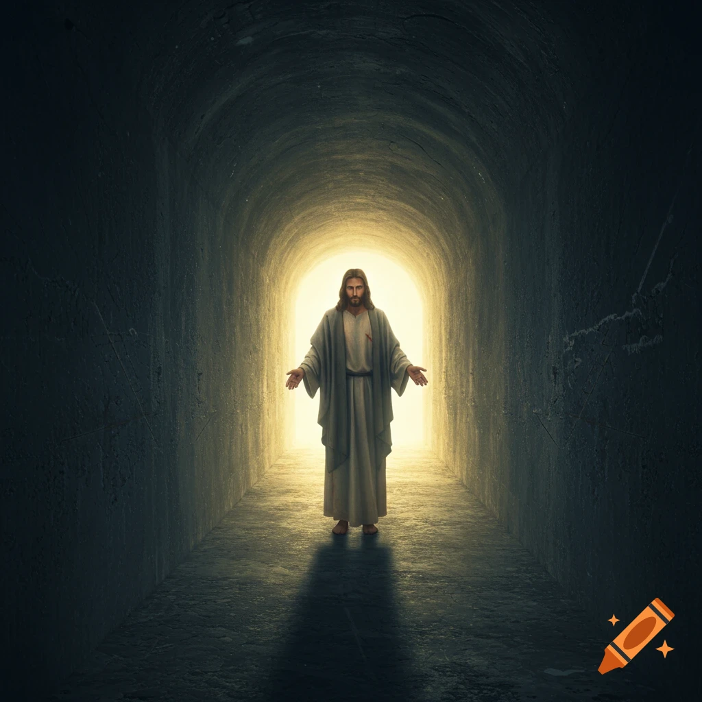 Jesus stands at the end of a dark tunnel bathed in bright light.