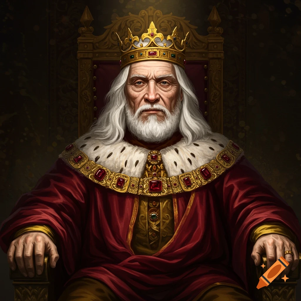 An elderly king with white hair and beard, wearing a crown and regal robes, seated on a throne.
