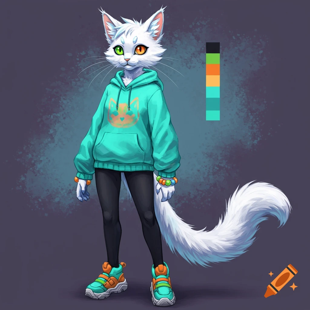 White furry cat character with green and orange eyes, wearing a teal hoodie, black leggings, and colorful sneakers.