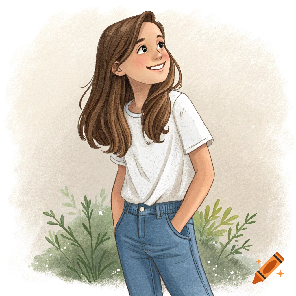 Cartoon illustration of a smiling girl with hands in pockets looking up.