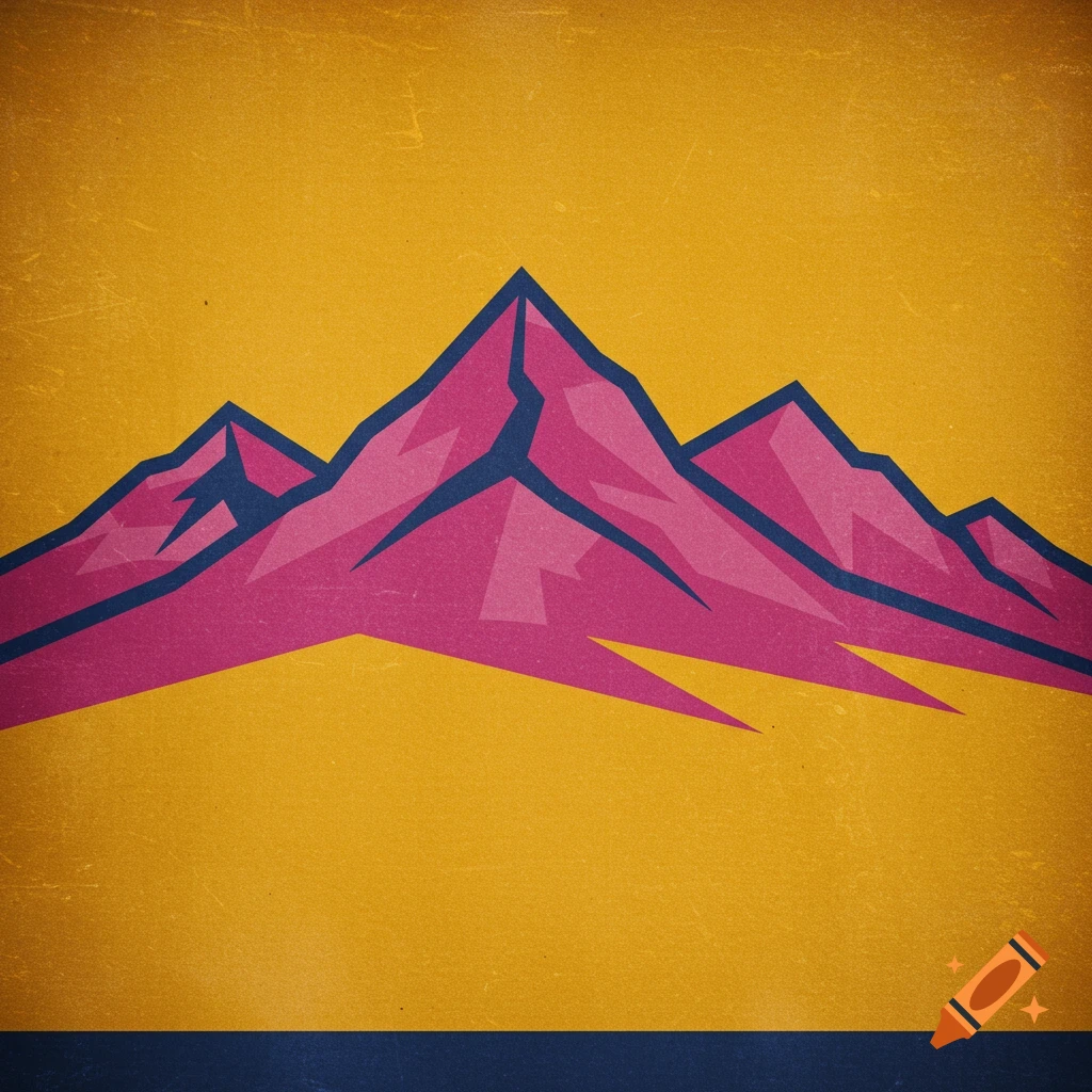 A stylized illustration of pink and blue mountains on a distressed orange background.