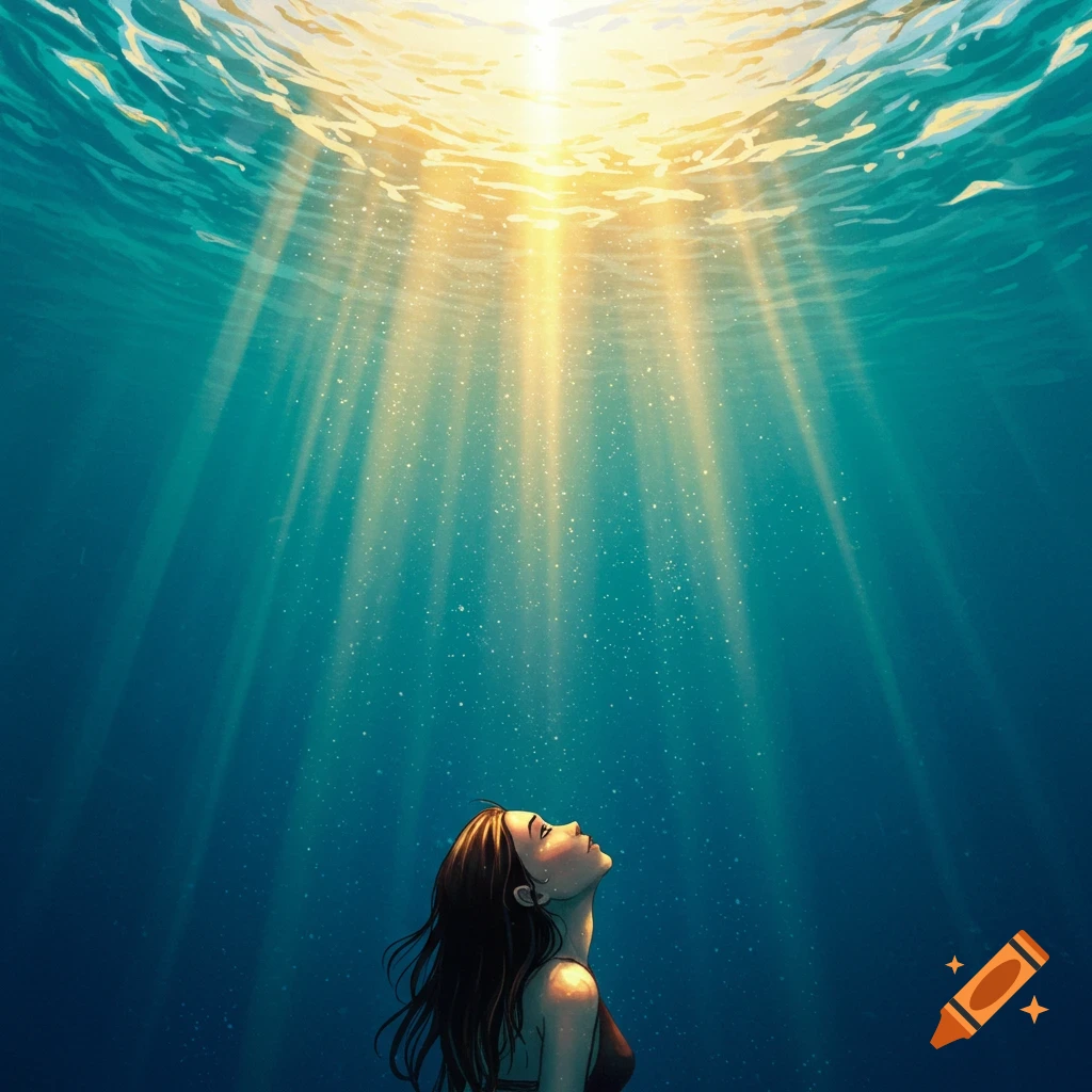 A woman underwater looking up at rays of light from the surface.