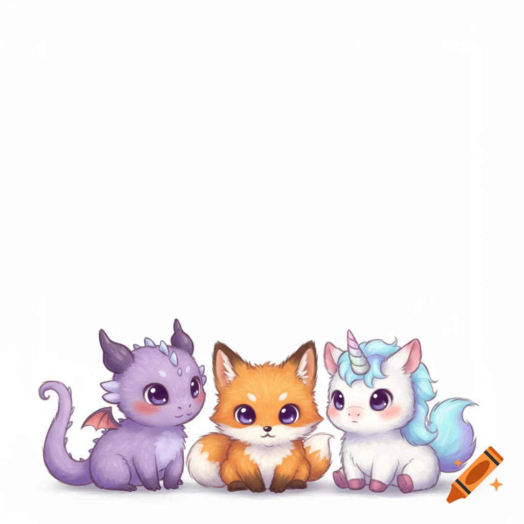 Three cute mythical creatures, a purple dragon, an orange fox, and a unicorn, sit together on a white background.