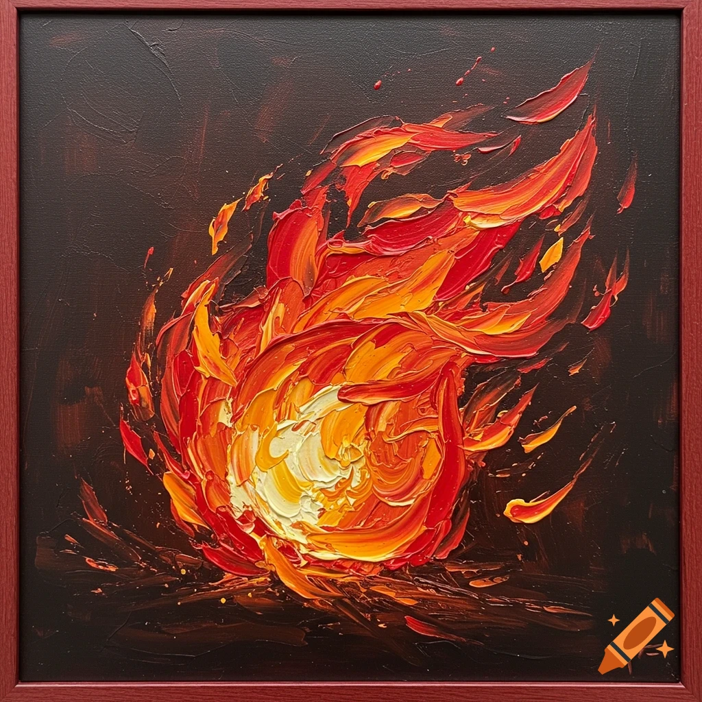 Expressionist painting of a swirling flame in a frame.