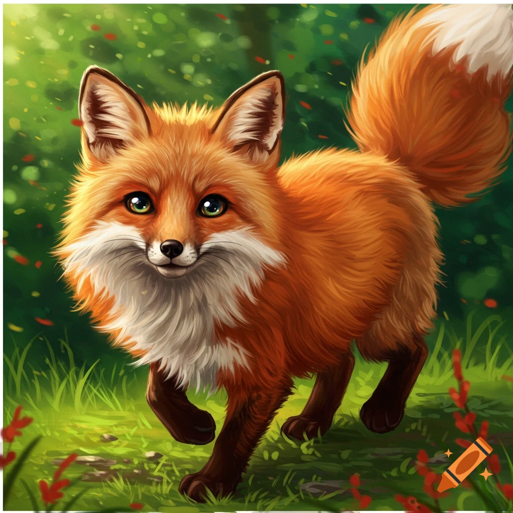 A cute orange and white fox runs through green grass in a forest clearing.