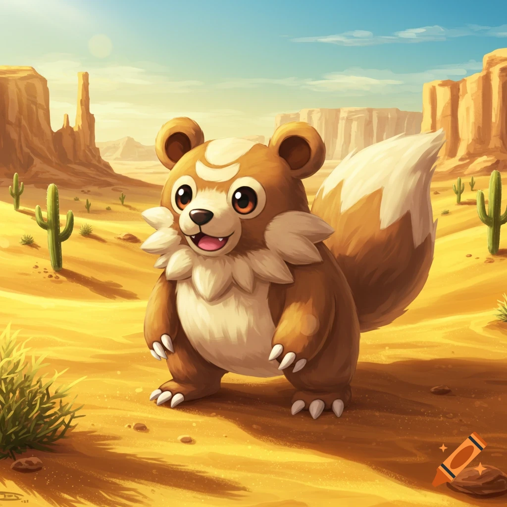 A cute cartoon creature resembling a bear and fox stands in a desert landscape with cacti and mesas.