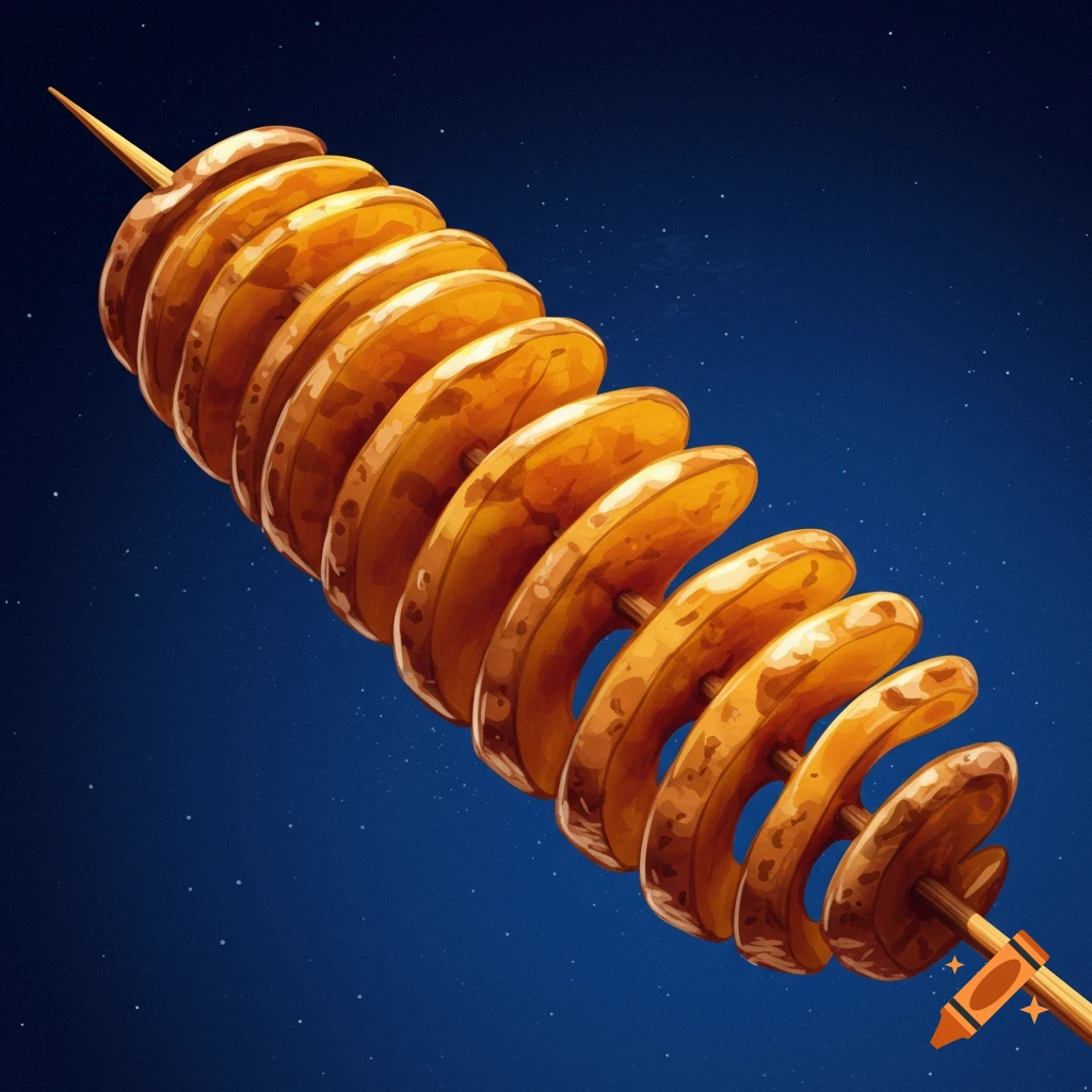 Spiral potatoes on a stick against a starry blue background.