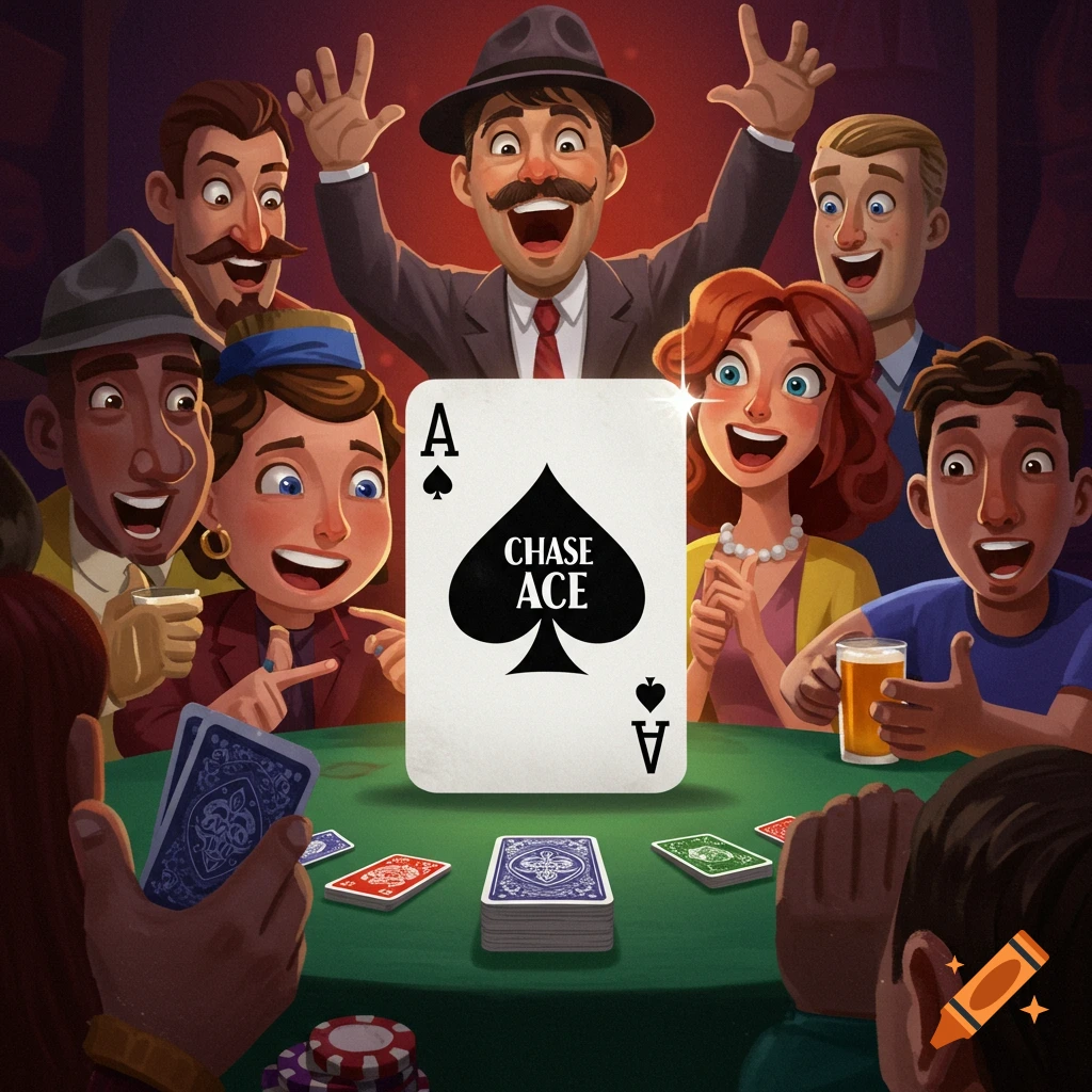 Cartoon illustration of people excited around a card table with a large Chase Ace card.