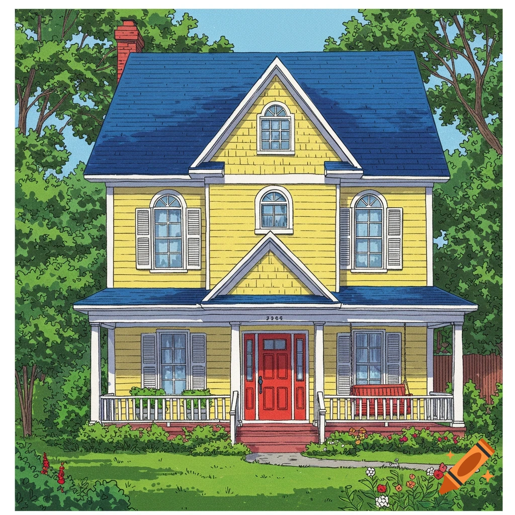 A yellow house with a blue roof, red door, and front porch, surrounded by green trees and garden.