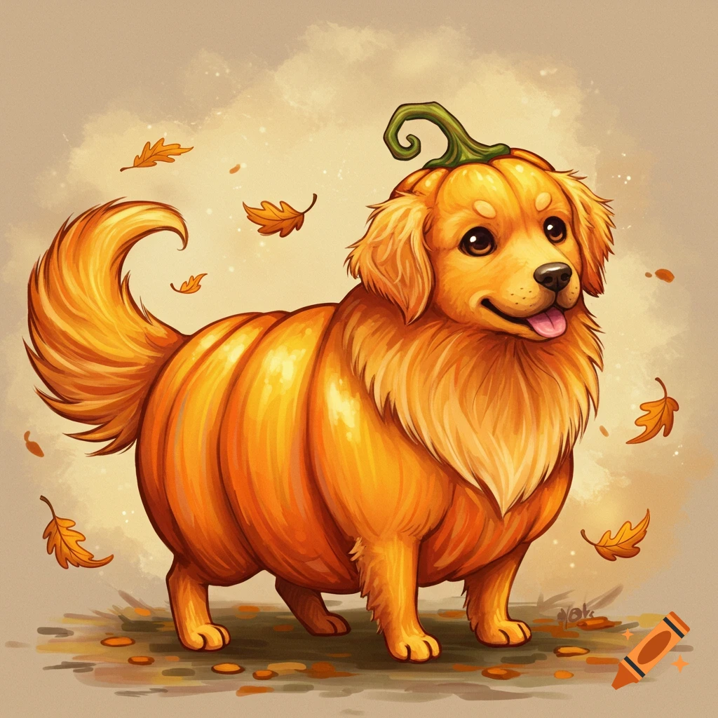 A cute dog with a pumpkin body and a pumpkin stem hat stands among falling leaves.
