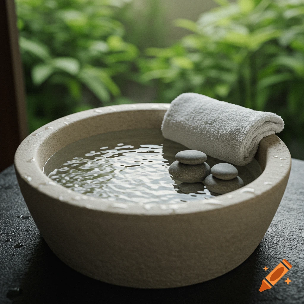 A stone basin filled with water, with a white towel and stacked stones next to it, in front of greenery outside a window.