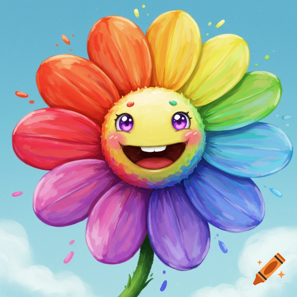 Smiling rainbow flower with colorful petals against a blue sky