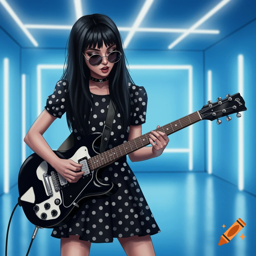 A girl in a polka dot dress is playing an electric guitar in a blue room.
