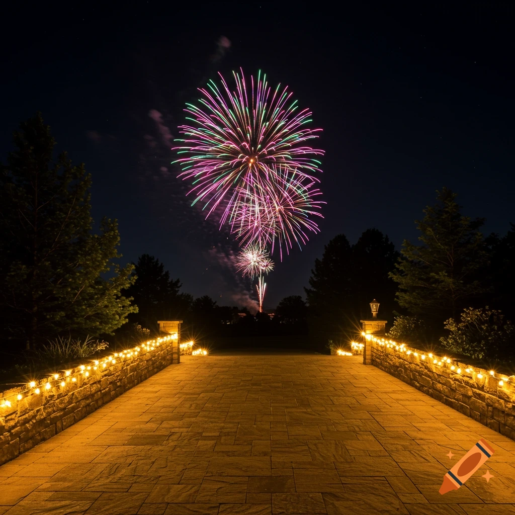 A stone path lined with fairy lights leads toward a night sky with fireworks.