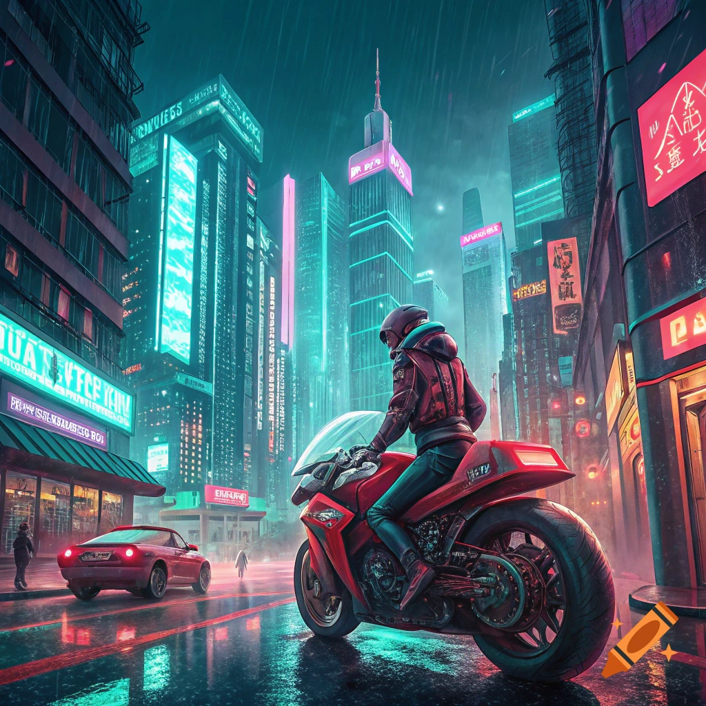 A person on a red motorcycle on a rainy city street at night, lit by neon signs, in a cyberpunk style.
