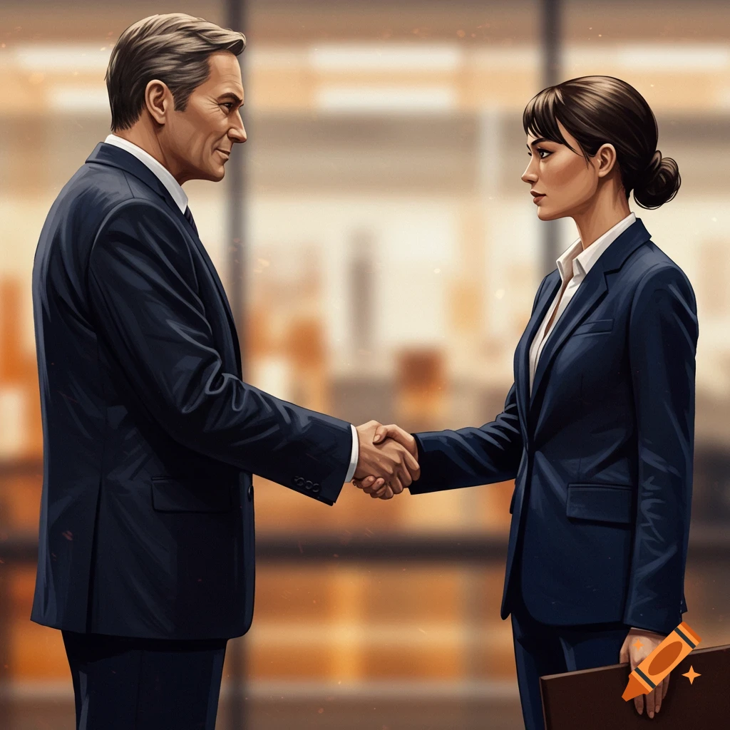 A man and woman in business suits shaking hands.