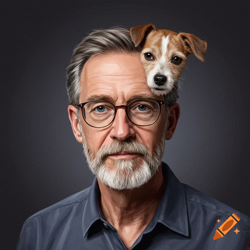 Mature man with a small dog perched on his head.