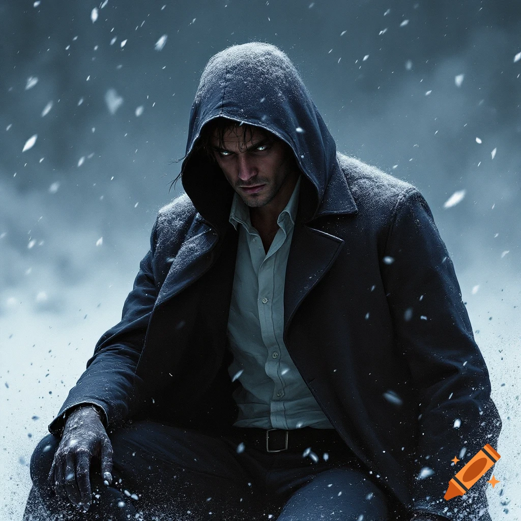A man in a dark hooded coat and gloves sits in falling snow, looking intensely at the viewer.