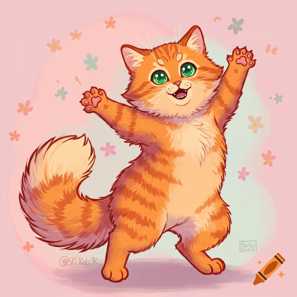 A cute cartoon orange tabby cat dances with its paws raised, smiling on a pink background with flowers.
