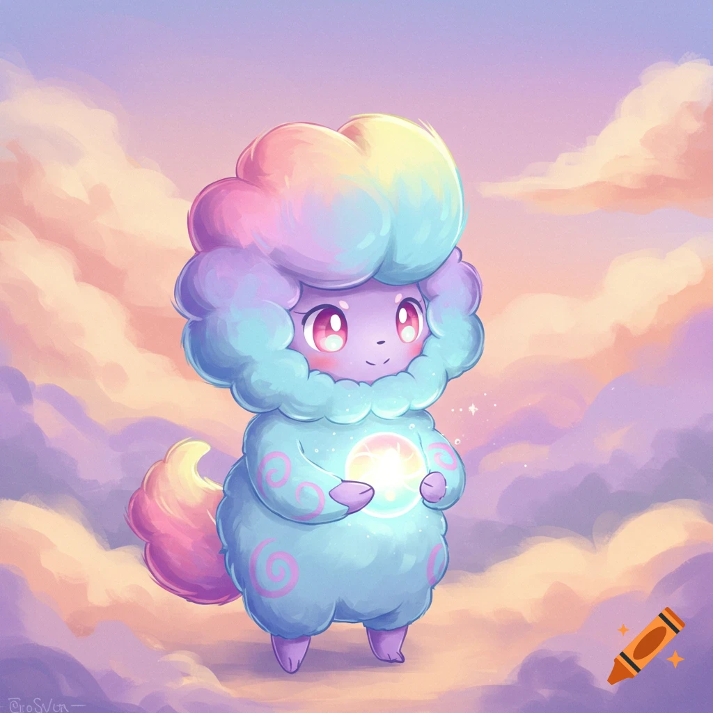 A cute, rainbow-colored fluffy creature holding a light on clouds.