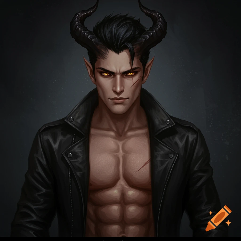 A man with black horns, gold eyes, scar, and a leather jacket.