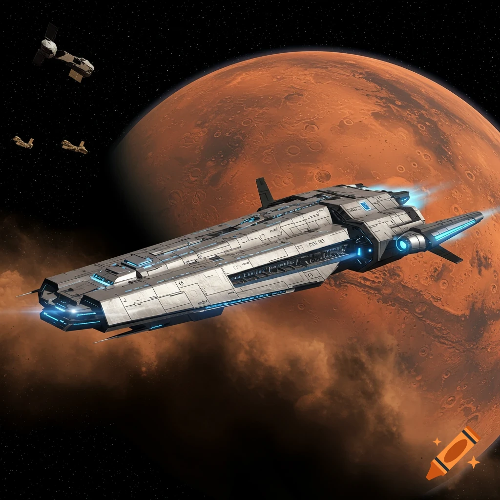 A sleek modern spaceship orbits Mars.