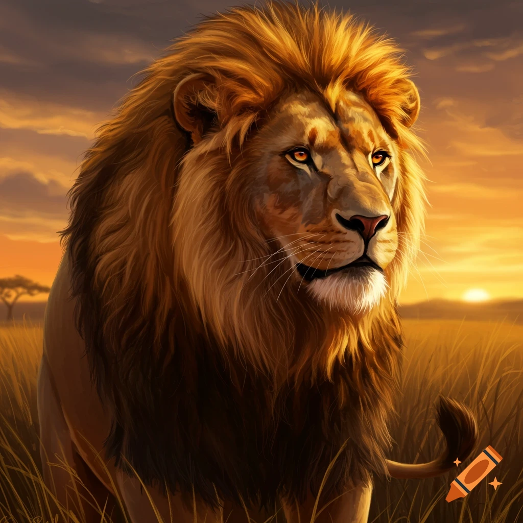 A close-up of a majestic lion standing in tall grass during a vibrant sunset.