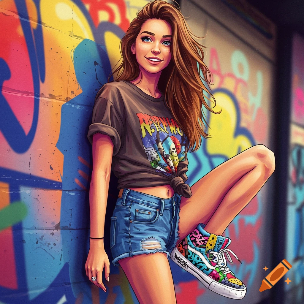 A young woman leans on a graffiti wall, wearing a t-shirt, shorts, and colorful sneakers.