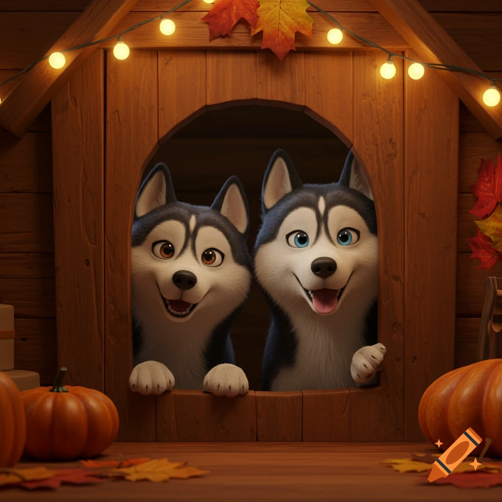 Two Pixar-style husky dogs peeking from a cozy doghouse with fall leaves and lights.
