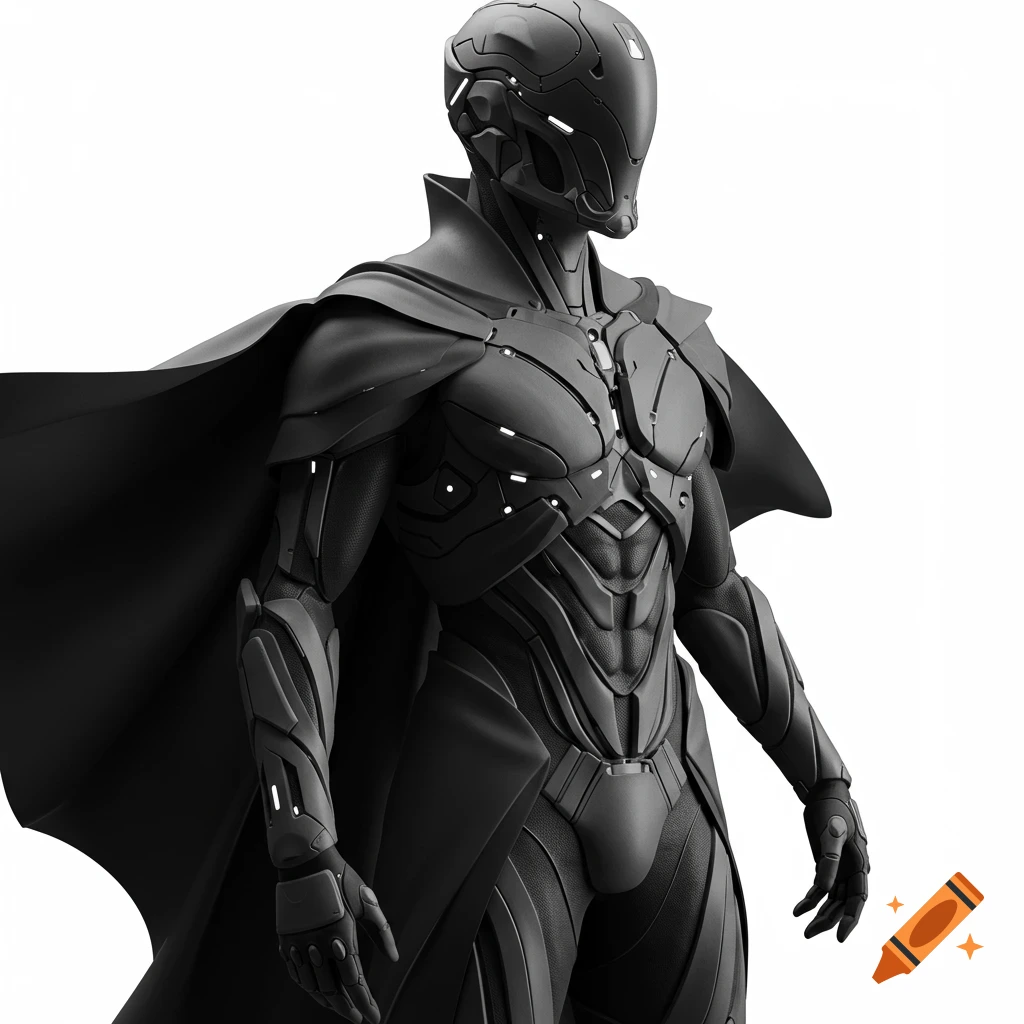 Black futuristic armor suit with a flowing cape