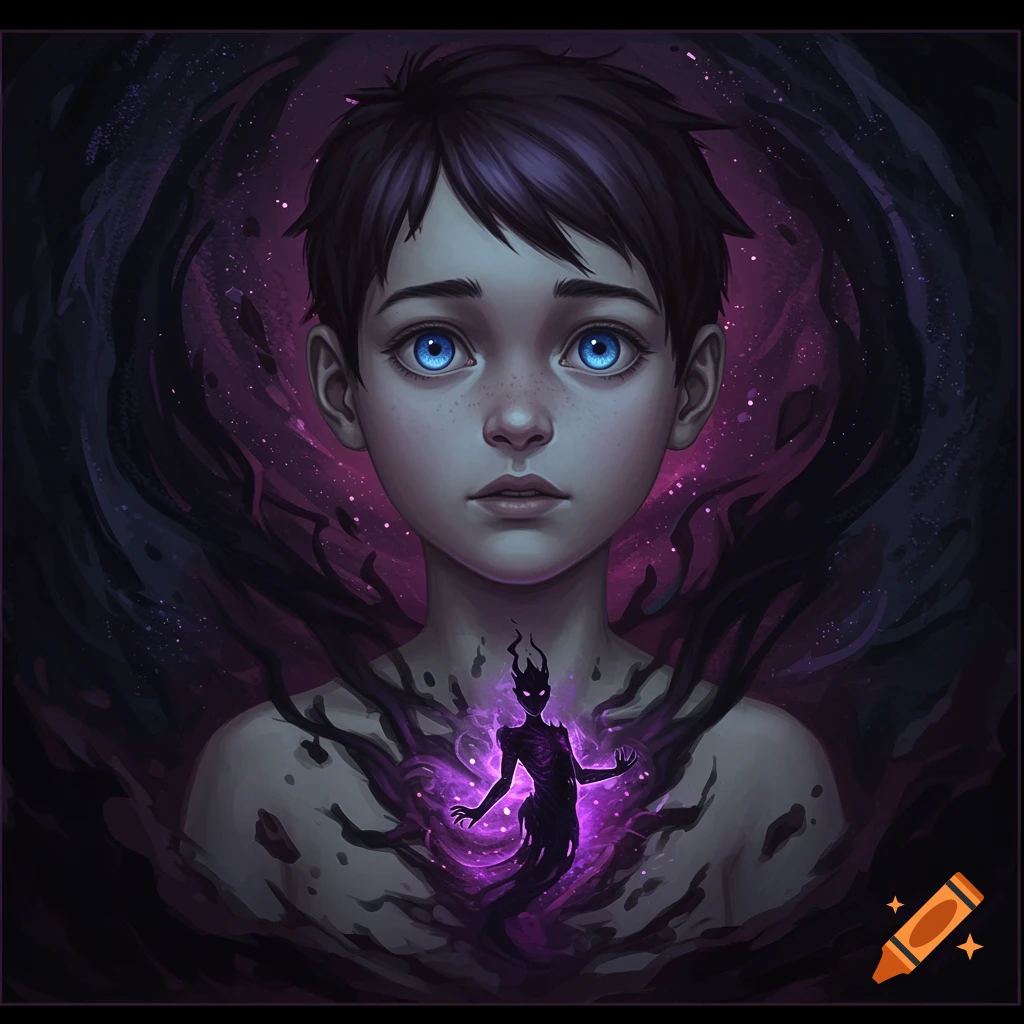 A boy with striking blue eyes and dark energy swirling in his chest.
