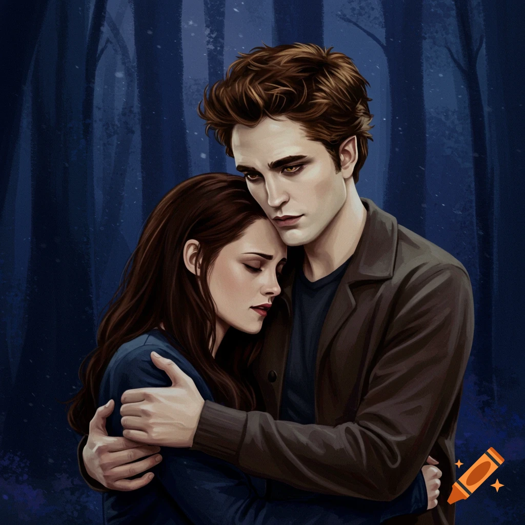 Bella and Edward from Twilight hugging in a dark forest.
