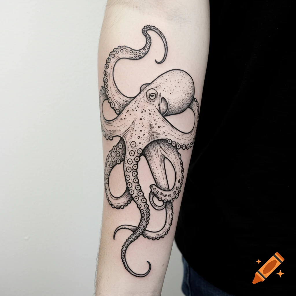 Black and white illustration of an octopus tattoo on an arm