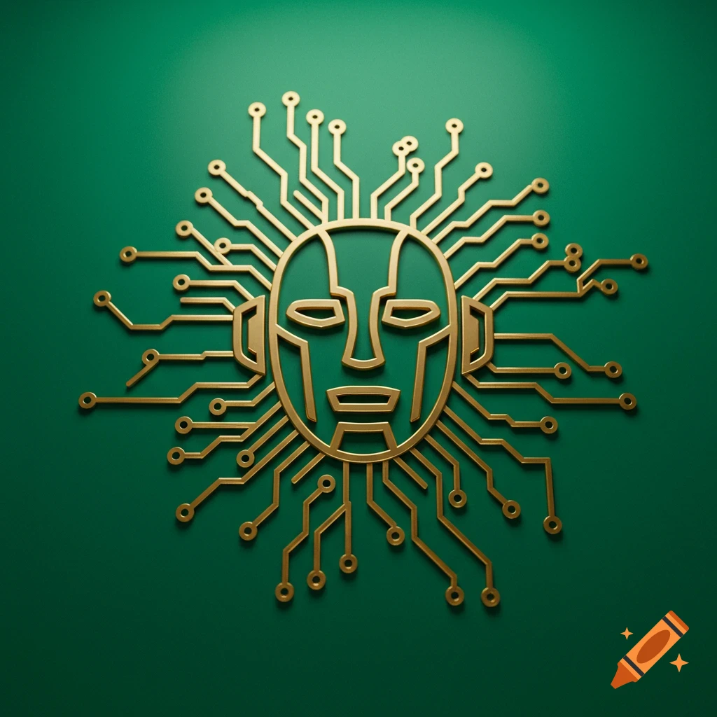A golden circuit board design in the shape of a robot face with branching lines, on a green background.