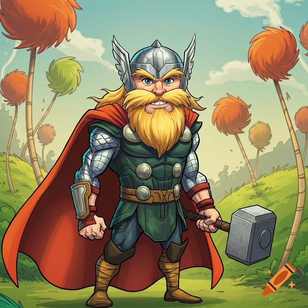 A cartoon character like Thor with a big mustache stands in a Dr. Seuss-like forest.