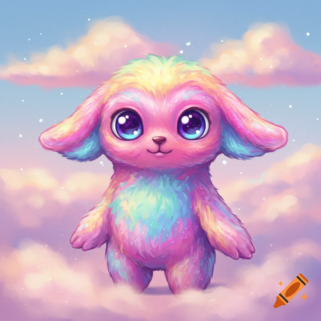 A cute, fluffy, rainbow-colored creature with large, sparkling eyes stands in pink and white clouds.
