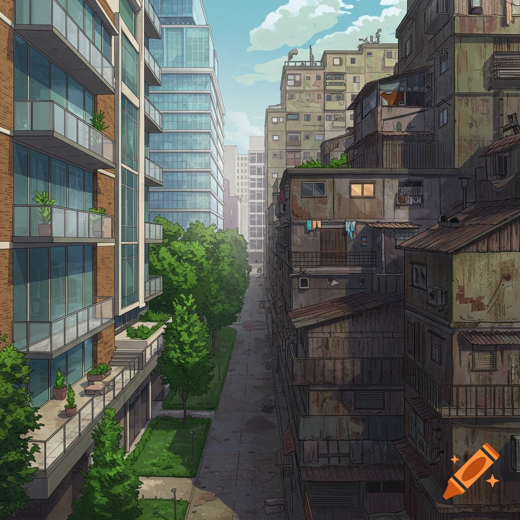 A street separates a modern glass apartment building from older, dilapidated housing.