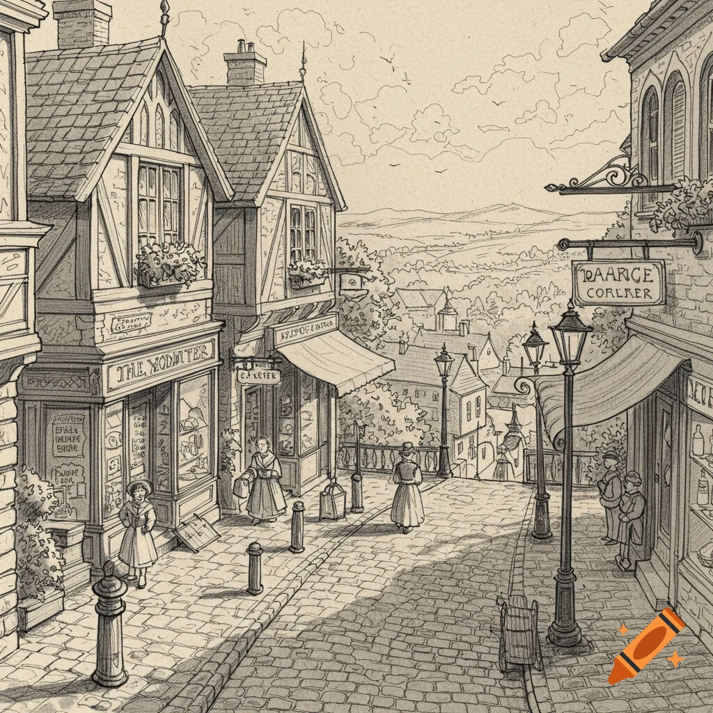Pencil sketch of a quaint village street with shops and people.