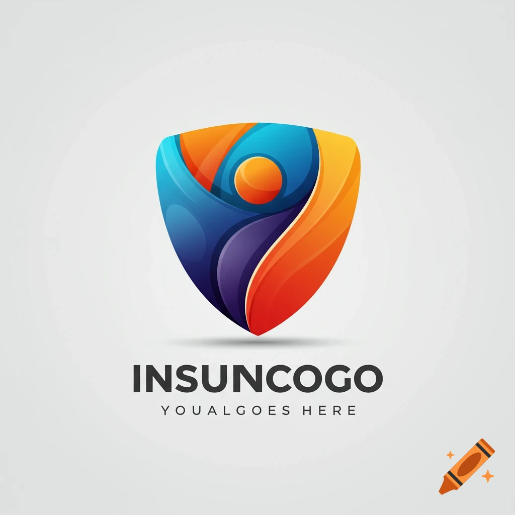 Abstract shield logo with human figure design in gradient colors and text below.