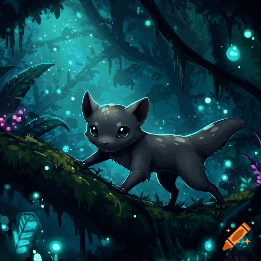 A cute fantasy creature resembling a cat sits on a tree branch in a glowing forest.