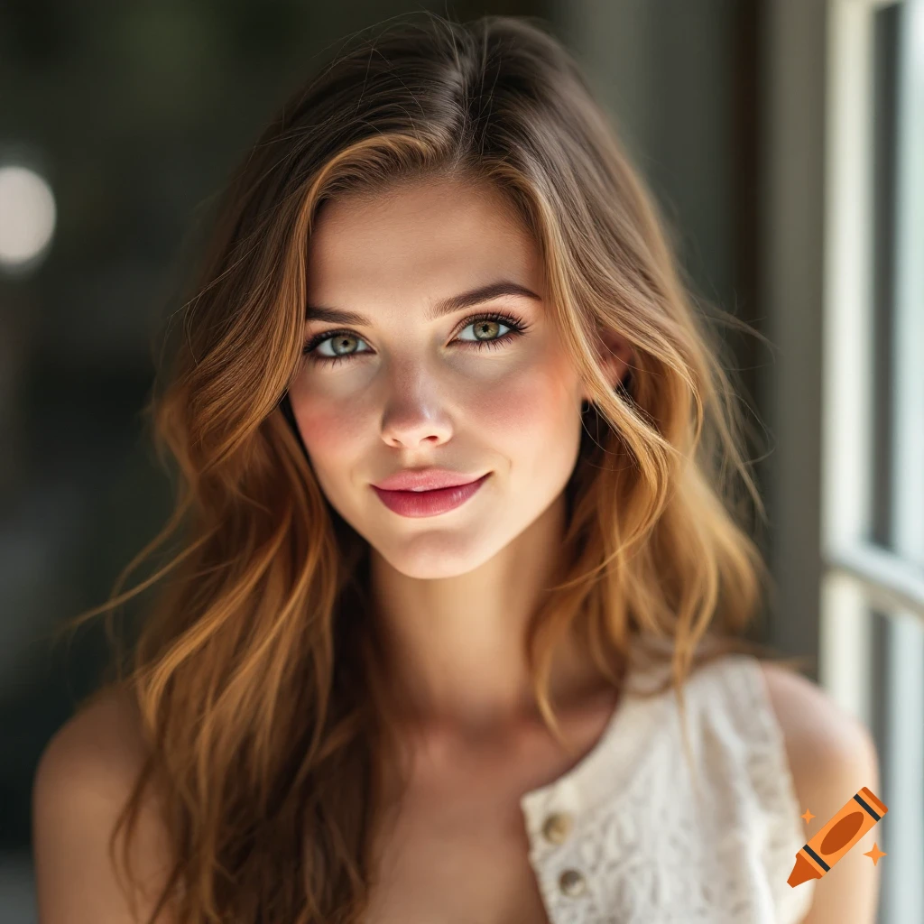 A close-up portrait of a young woman with long brown hair and green eyes smiling.
