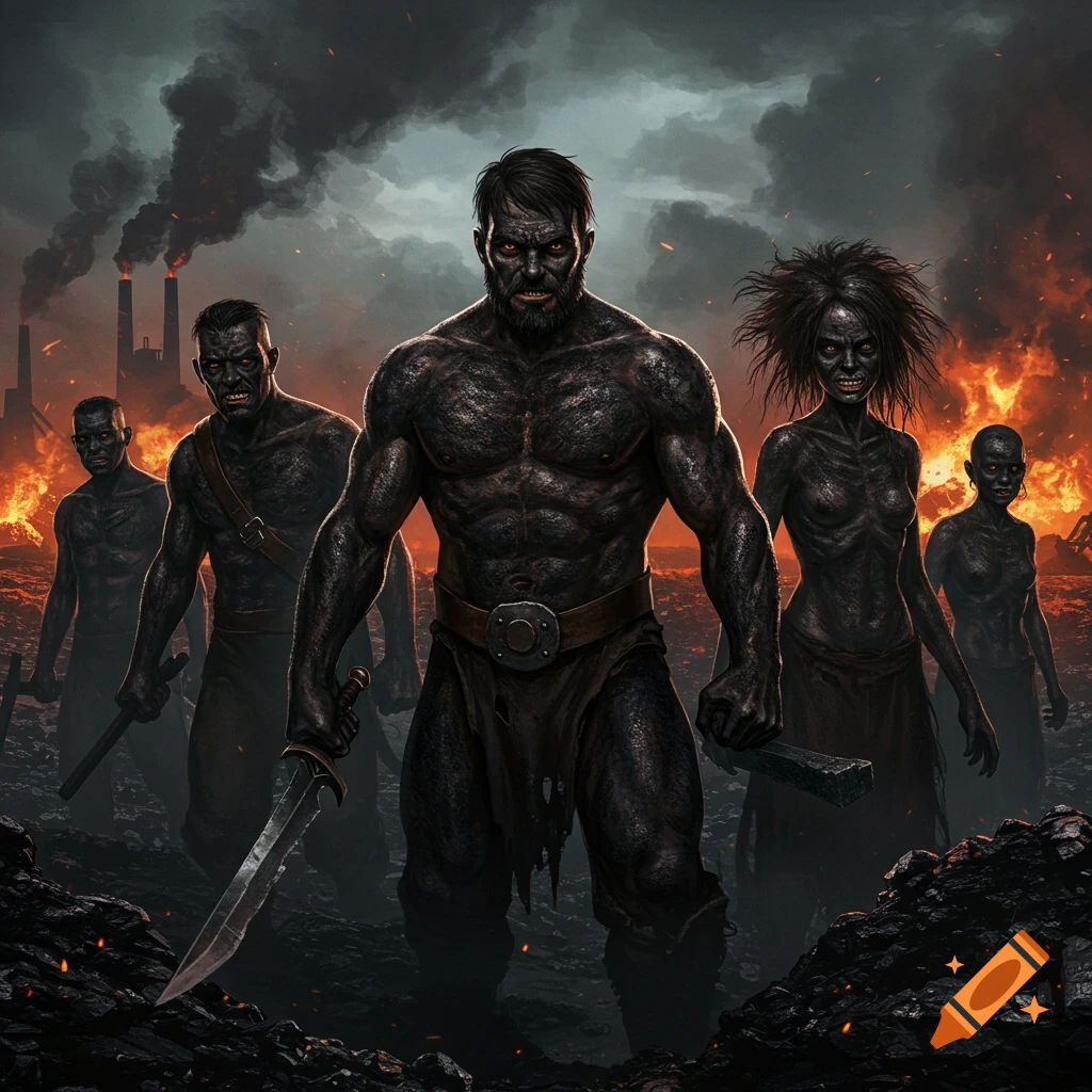 Group of dark, coal-skinned monsters with red eyes in a fiery industrial landscape.
