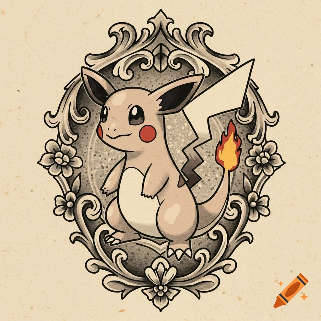 Traditional tattoo style illustration of a creature resembling Pikachu with a fire tail in a decorative frame with filigree and flowers.