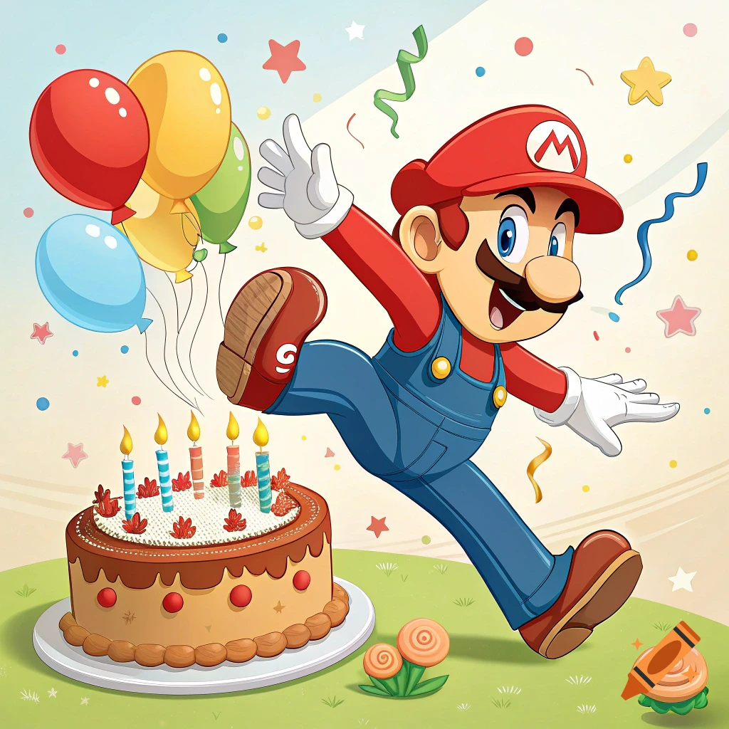 Cartoon illustration of Mario jumping excitedly next to a birthday cake and balloons.