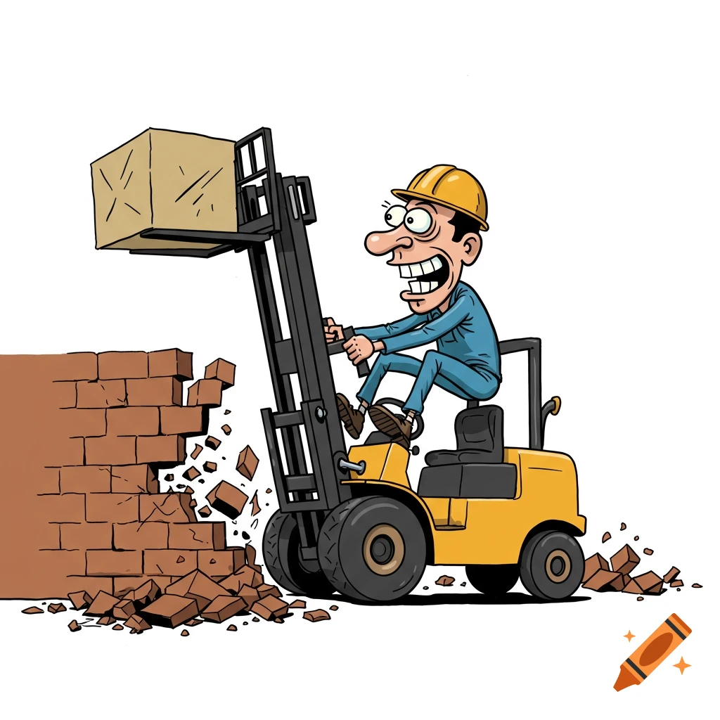 Cartoon of an exaggerated worker on a forklift driving through a brick wall.