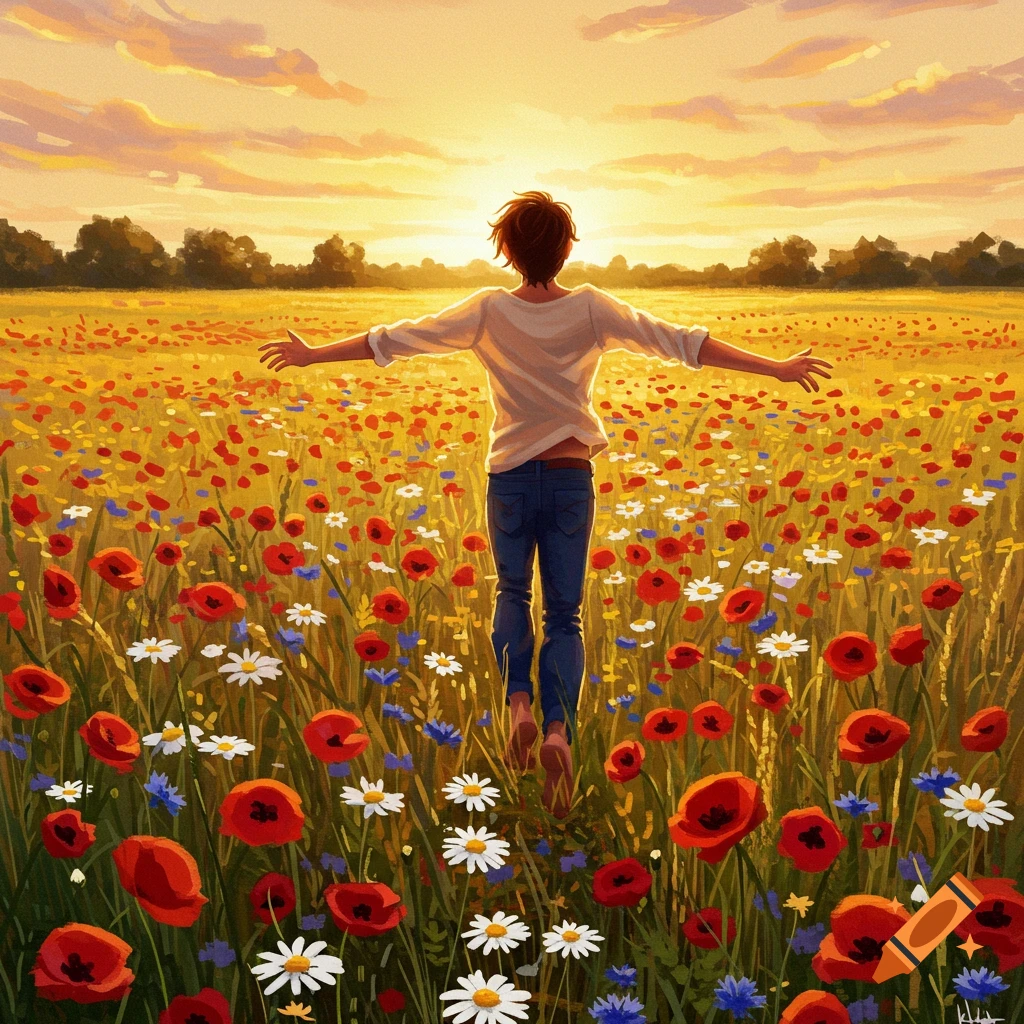 A person with arms outstretched runs through a field of poppies at sunset.